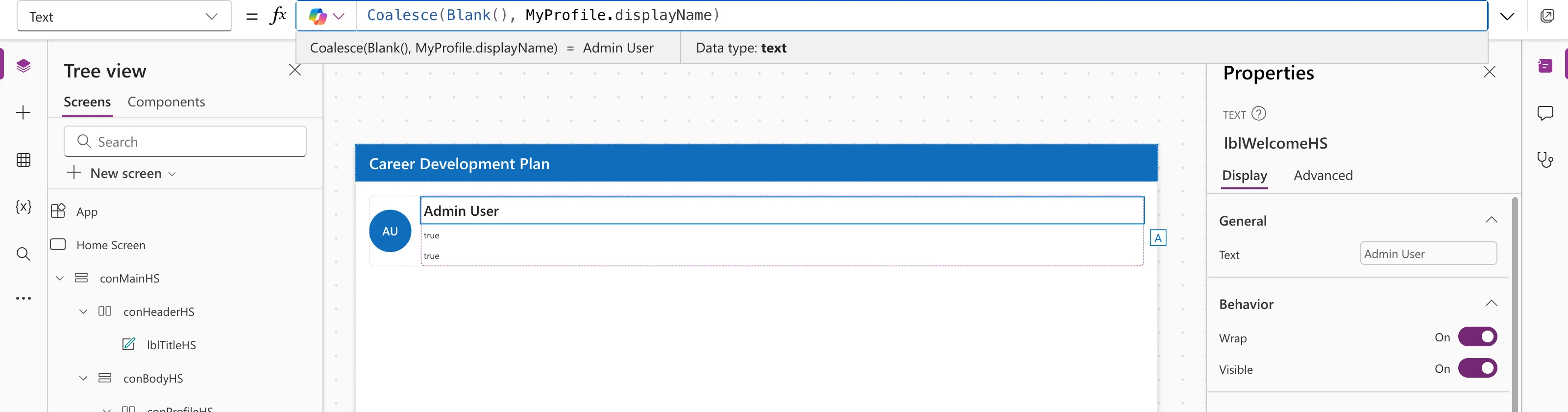 The formula bar with Coalesce(Blank(), MyProfile.displayName), the preview strip reading Admin User with Data type text