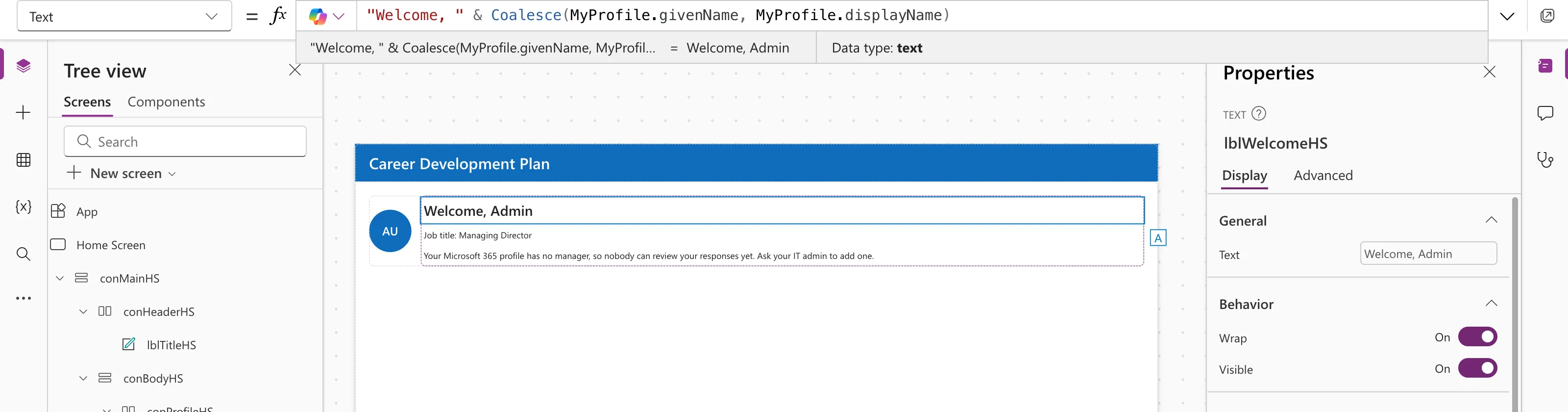 The formula bar with "Welcome, " & Coalesce(MyProfile.givenName, MyProfile.displayName), the preview strip reading Welcome, Admin with Data type text
