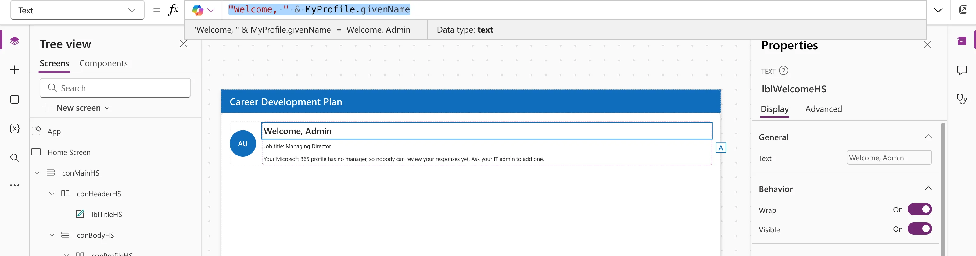 The formula bar with "Welcome, " & MyProfile.givenName, the preview strip reading Welcome, Admin with Data type text
