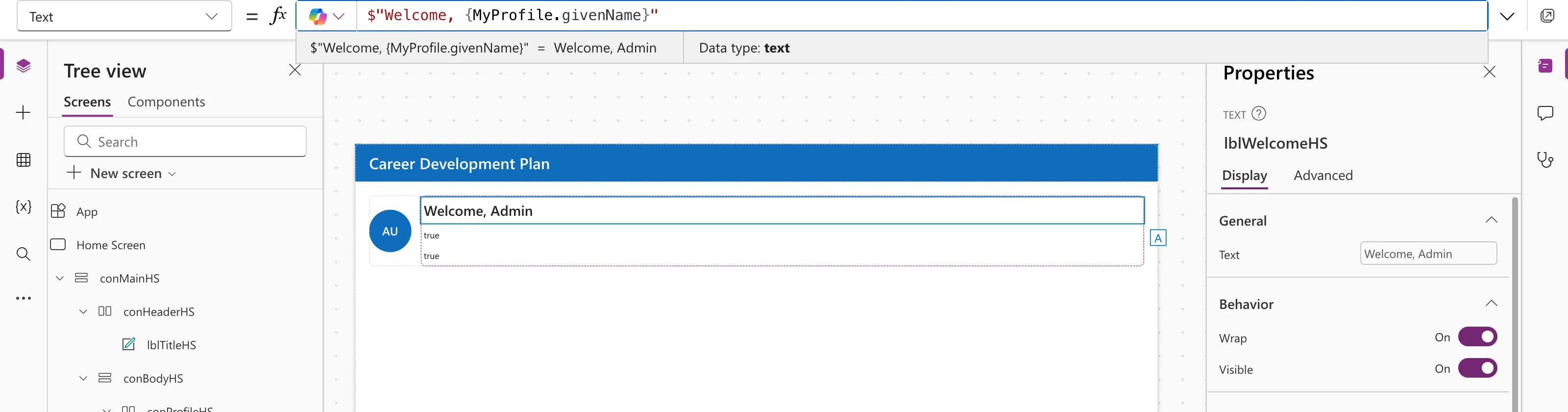 The formula bar with the interpolated string $"Welcome, …" that puts MyProfile.givenName in curly braces, the preview strip reading Welcome, Admin with Data type text