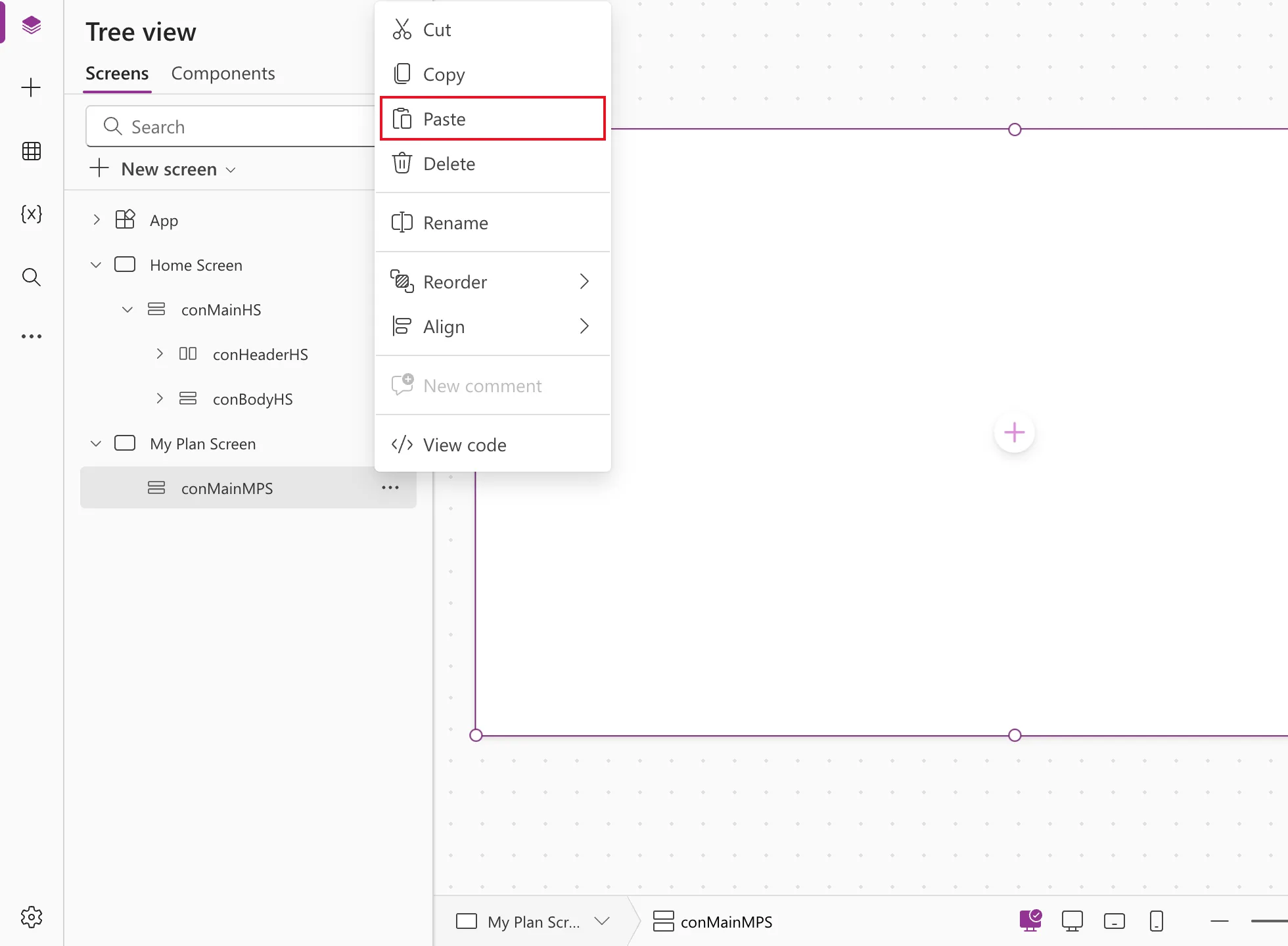 The Tree view with the ... menu of conMainMPS on My Plan Screen open, and Paste outlined in red