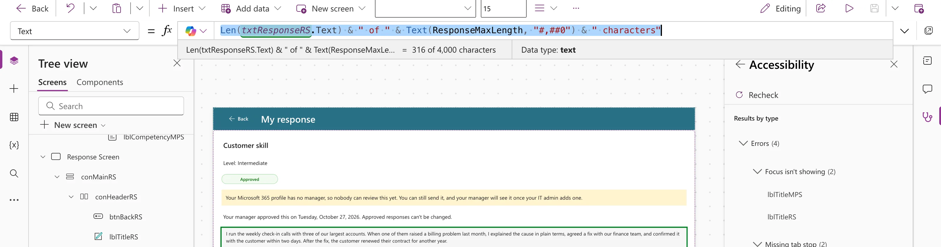 The formula bar with the counter formula selected and the preview strip reading = 316 of 4,000 characters with Data type text
