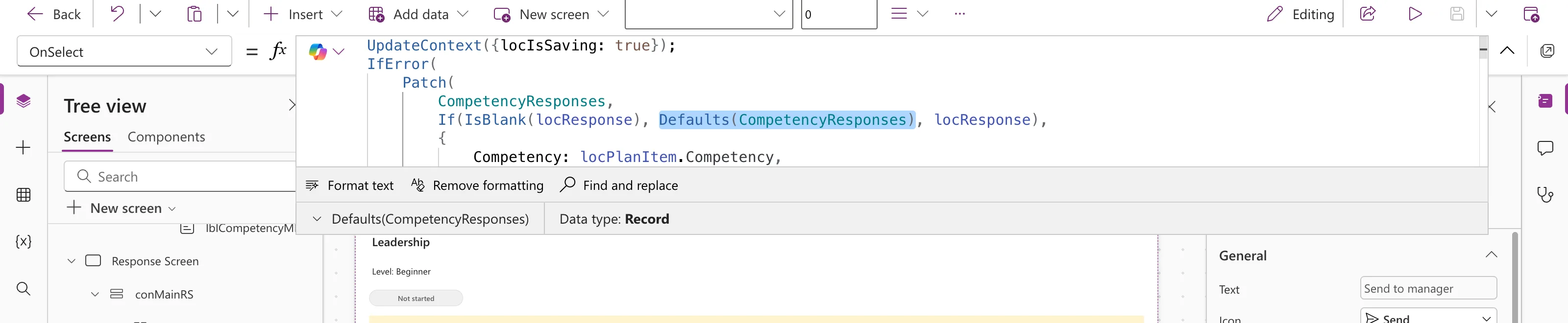 The expanded formula bar of btnSendRS with Defaults(CompetencyResponses) highlighted inside the Patch, and the preview strip reading Defaults(CompetencyResponses) with Data type Record