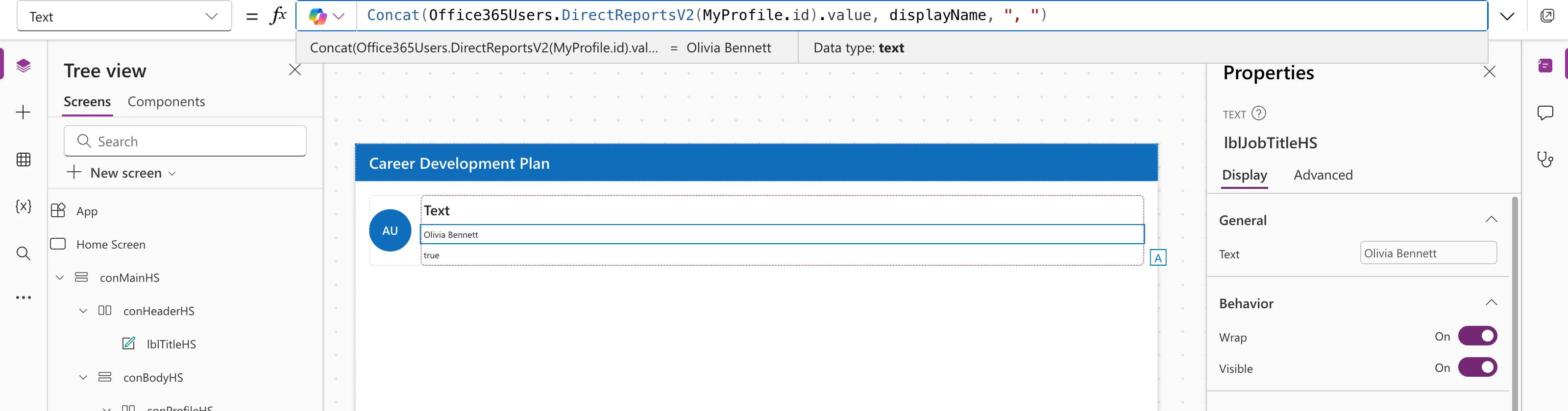 The formula bar with Concat(Office365Users.DirectReportsV2(MyProfile.id).value, displayName, ", "), the preview strip reading Olivia Bennett with Data type text