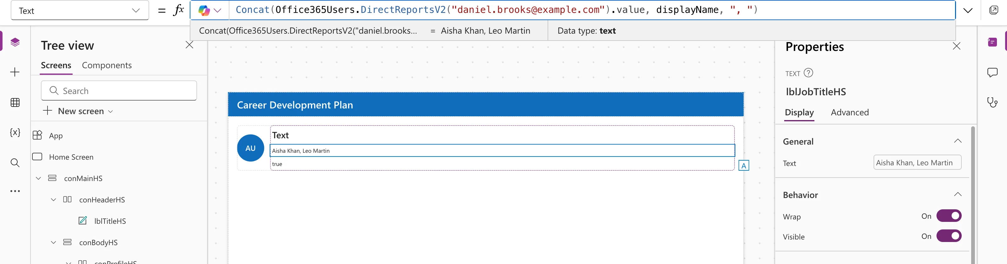 The formula bar with DirectReportsV2 for Daniel, the preview strip reading Aisha Khan, Leo Martin with Data type text