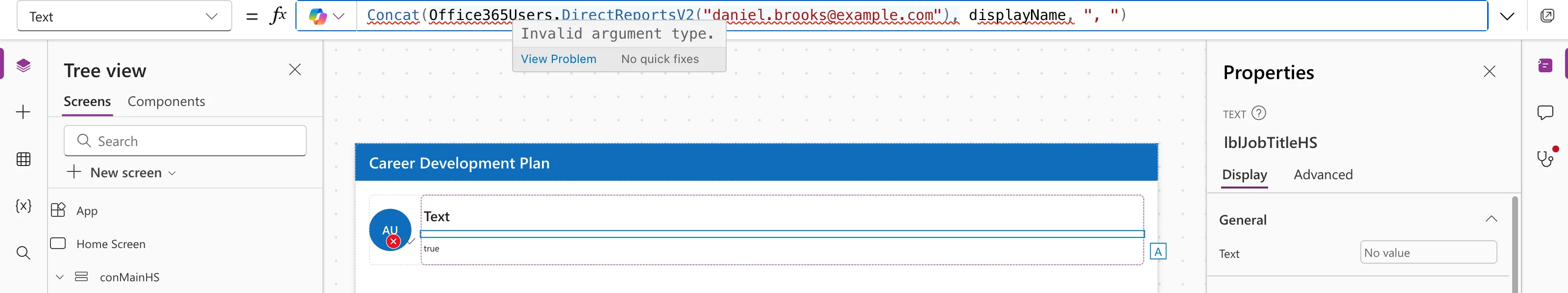 The formula bar with Concat(Office365Users.DirectReportsV2("daniel.brooks@example.com"), displayName, ", ") underlined in red and a tooltip reading Invalid argument type