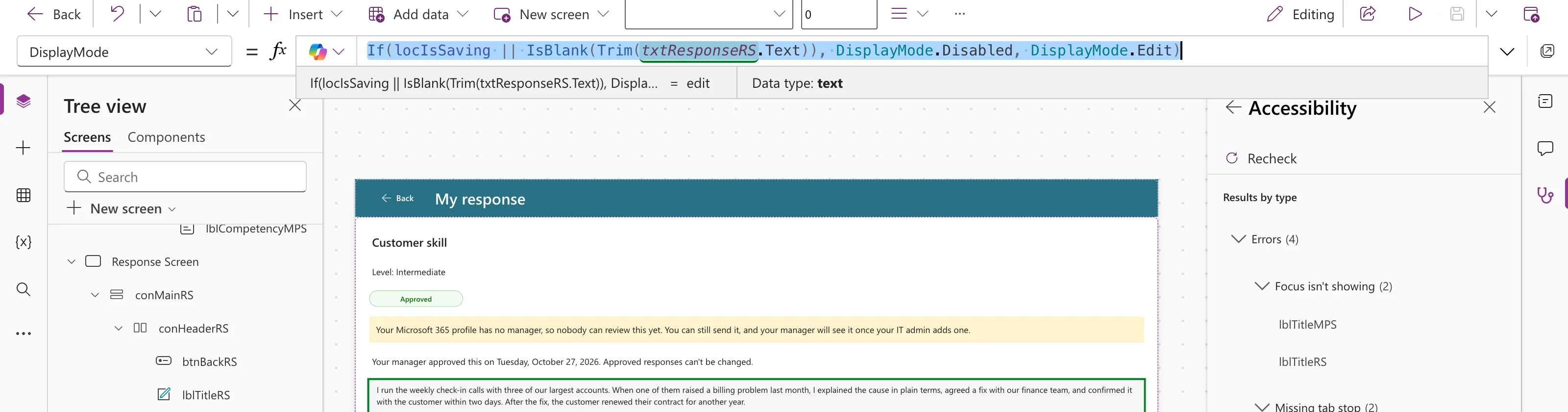 The formula bar with the DisplayMode formula of btnSendRS selected and the preview strip reading = edit with Data type text