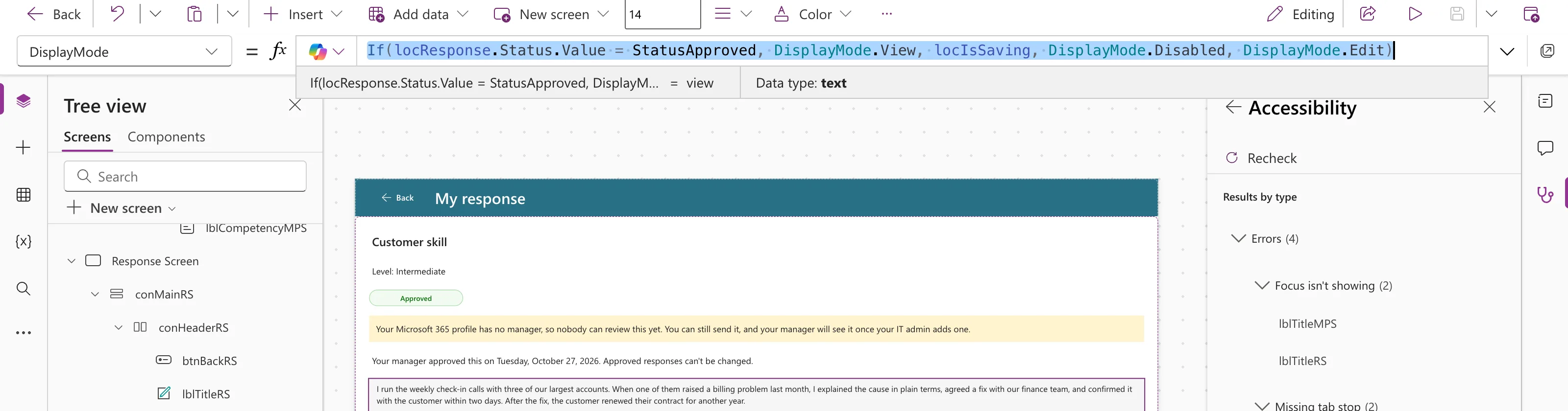 The formula bar with the DisplayMode formula of txtResponseRS selected and the preview strip reading = view with Data type text