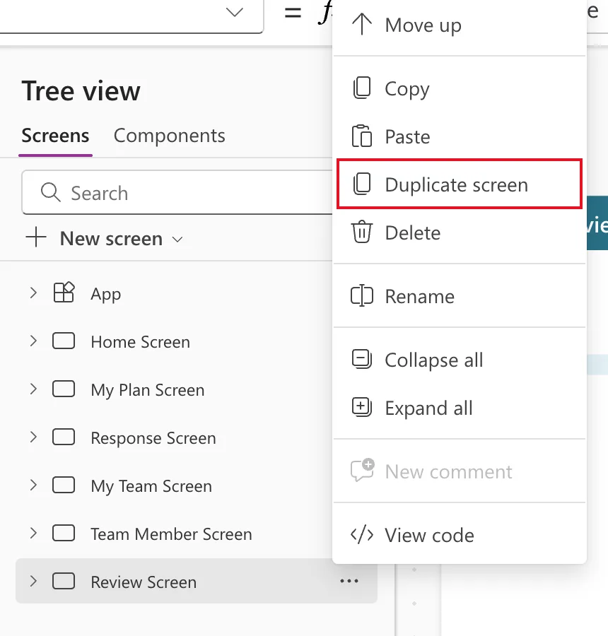 The Tree view menu of Review Screen with Move up, Copy, Paste, Duplicate screen outlined in red, Delete, Rename, Collapse all, Expand all, New comment and View code