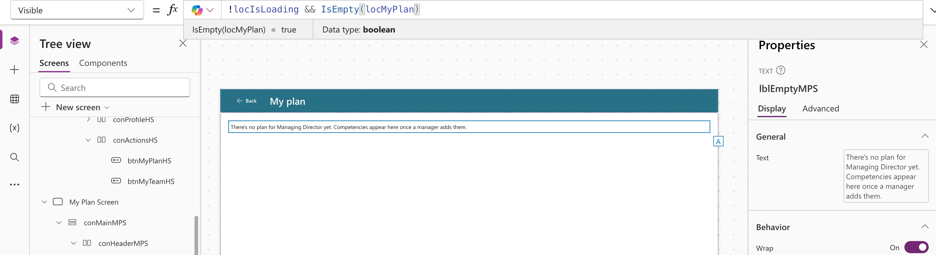 The formula bar with the Visible property of lblEmptyMPS set to !locIsLoading && IsEmpty(locMyPlan), the preview strip showing IsEmpty(locMyPlan) = true with Data type boolean, and the message There's no plan for Managing Director yet on the canvas
