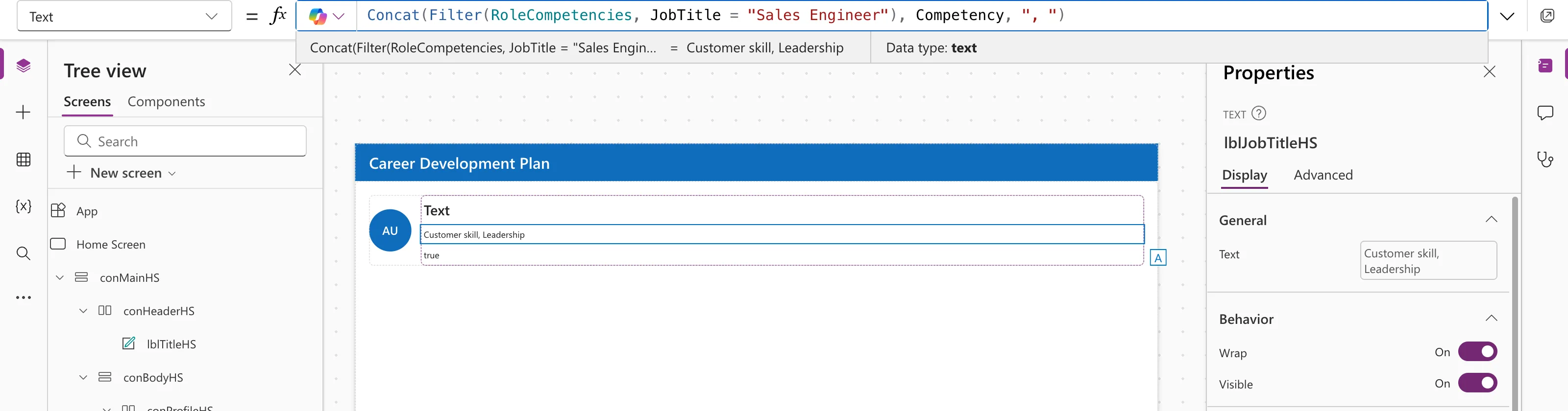 The formula bar with Concat(Filter(RoleCompetencies, JobTitle = "Sales Engineer"), Competency, ", "), the preview strip reading Customer skill, Leadership with Data type text