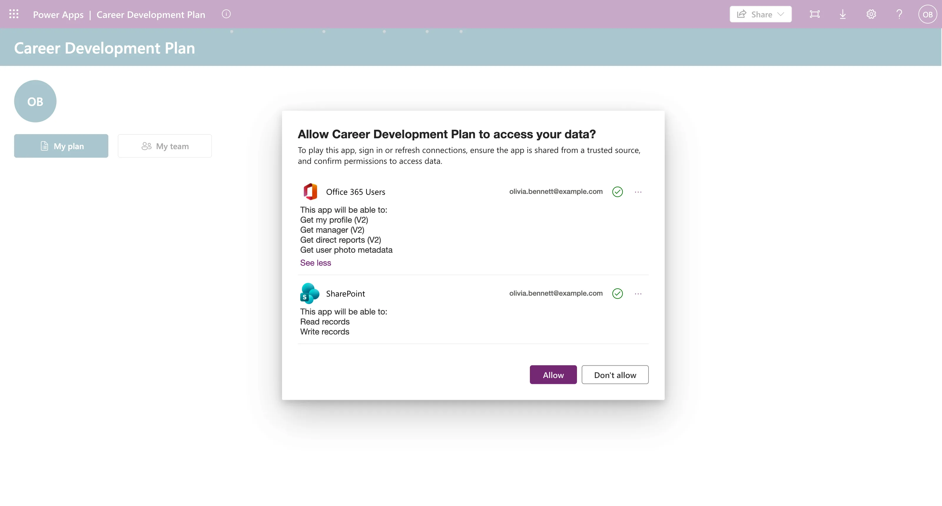 The Career Development Plan app loading behind a dialog asking Allow Career Development Plan to access your data?, with Office 365 Users and SharePoint listed