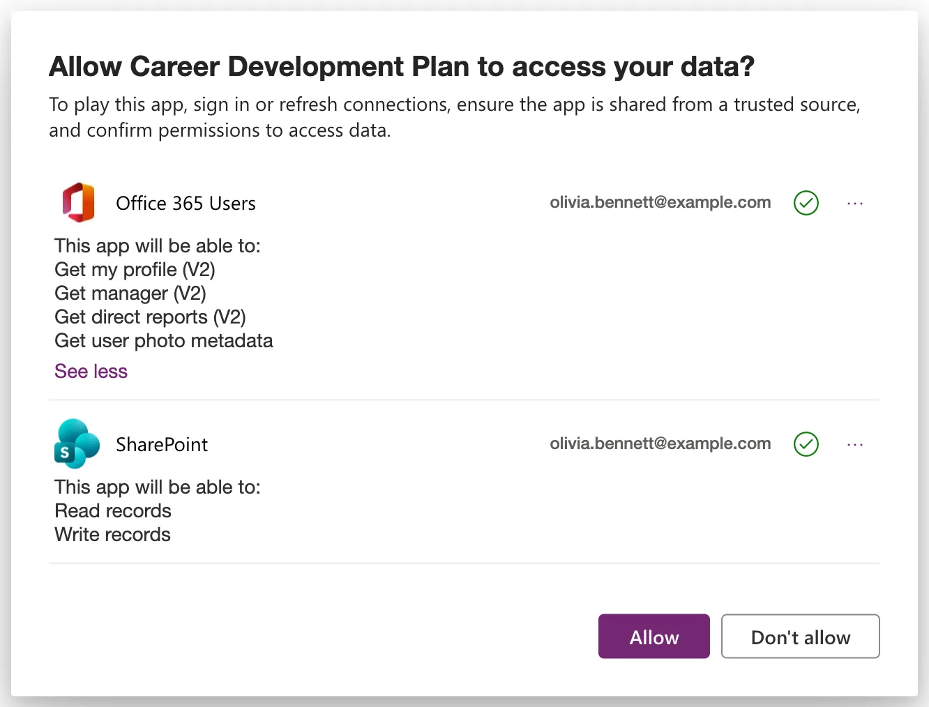 The dialog Allow Career Development Plan to access your data? listing Office 365 Users, able to Get my profile, Get manager, Get direct reports and Get user photo metadata, and SharePoint, able to Read records and Write records, with Allow and Don't allow