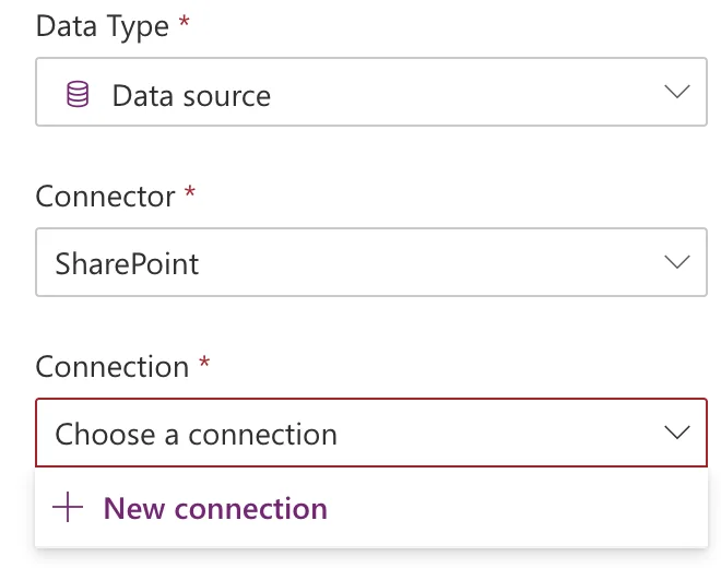 The Data Type set to Data source, Connector set to SharePoint, and the Connection dropdown open showing + New connection