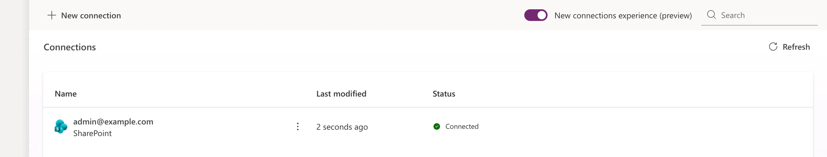 The Connections page listing a SharePoint connection named admin@example.com with Last modified 2 seconds ago and Status Connected