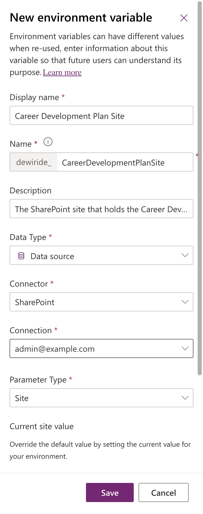 The New environment variable panel with Display name Career Development Plan Site, Name dewiride_CareerDevelopmentPlanSite, the description, Data Type Data source, Connector SharePoint, Connection admin@example.com, Parameter Type Site and the Current site value heading