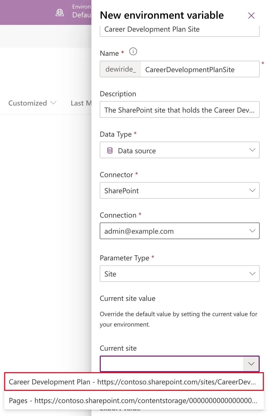 The Current site dropdown open with Career Development Plan - https://contoso.sharepoint.com/sites/CareerDevelopmentPlan outlined in red, and a second entry called Pages
