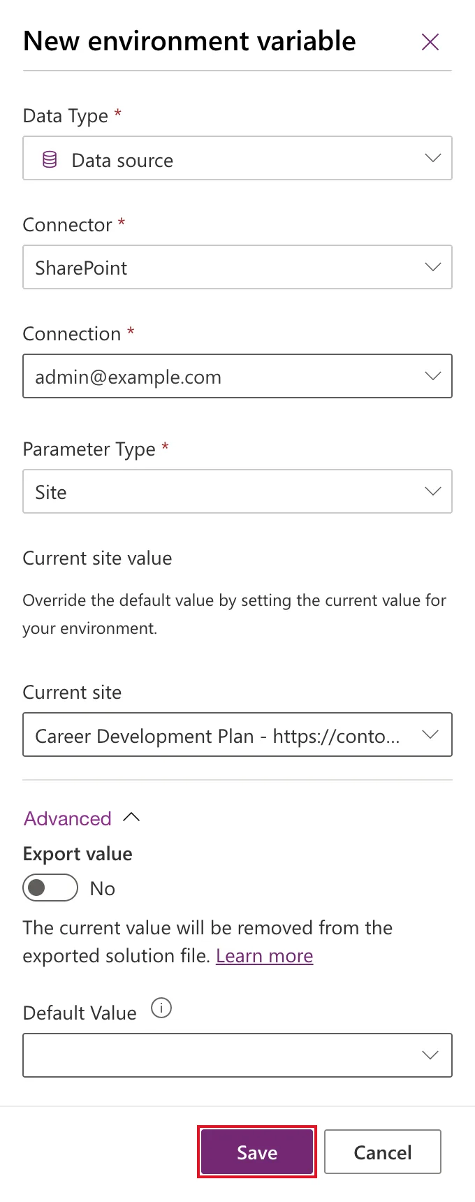 The bottom of the panel with Current site set to the Career Development Plan site, Advanced expanded with Export value No and the text The current value will be removed from the exported solution file, an empty Default Value, and Save outlined in red