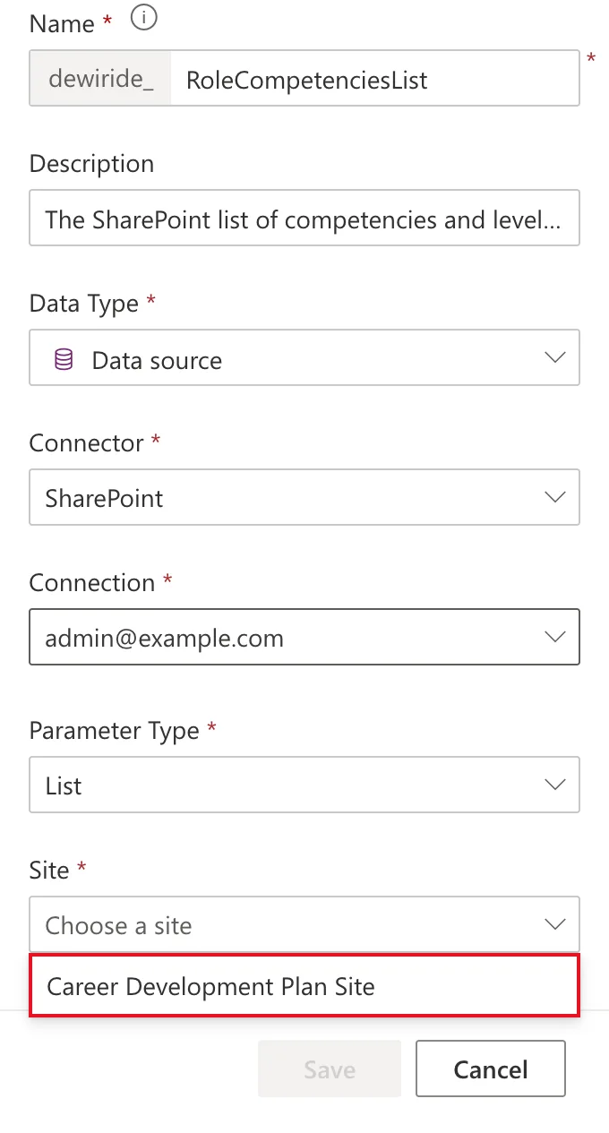 The list variable's panel with Name dewiride_RoleCompetenciesList, the description, Data source, SharePoint, the connection, Parameter Type List, and the Site dropdown offering Career Development Plan Site, outlined in red