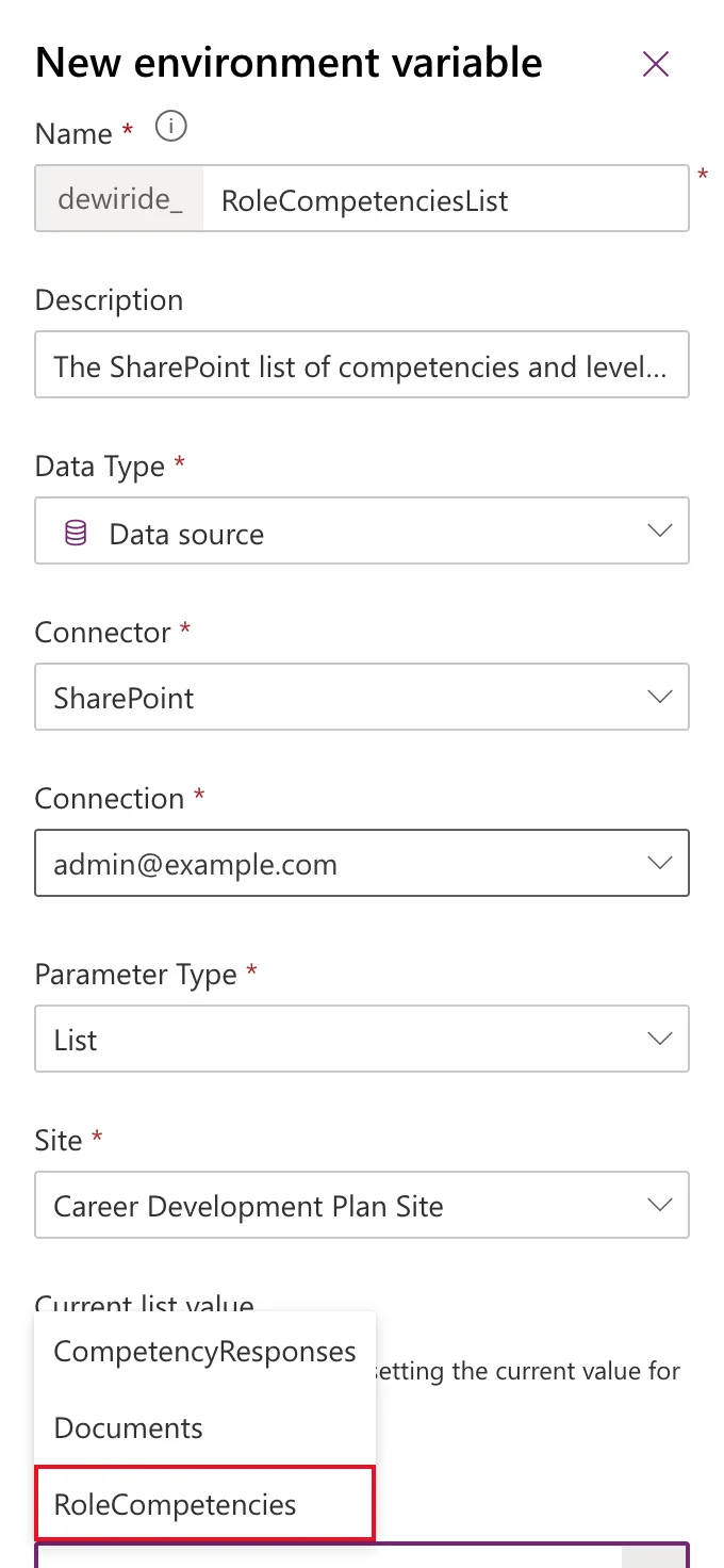 The Current list dropdown open above the Current list box, offering CompetencyResponses, Documents and RoleCompetencies, with RoleCompetencies outlined in red