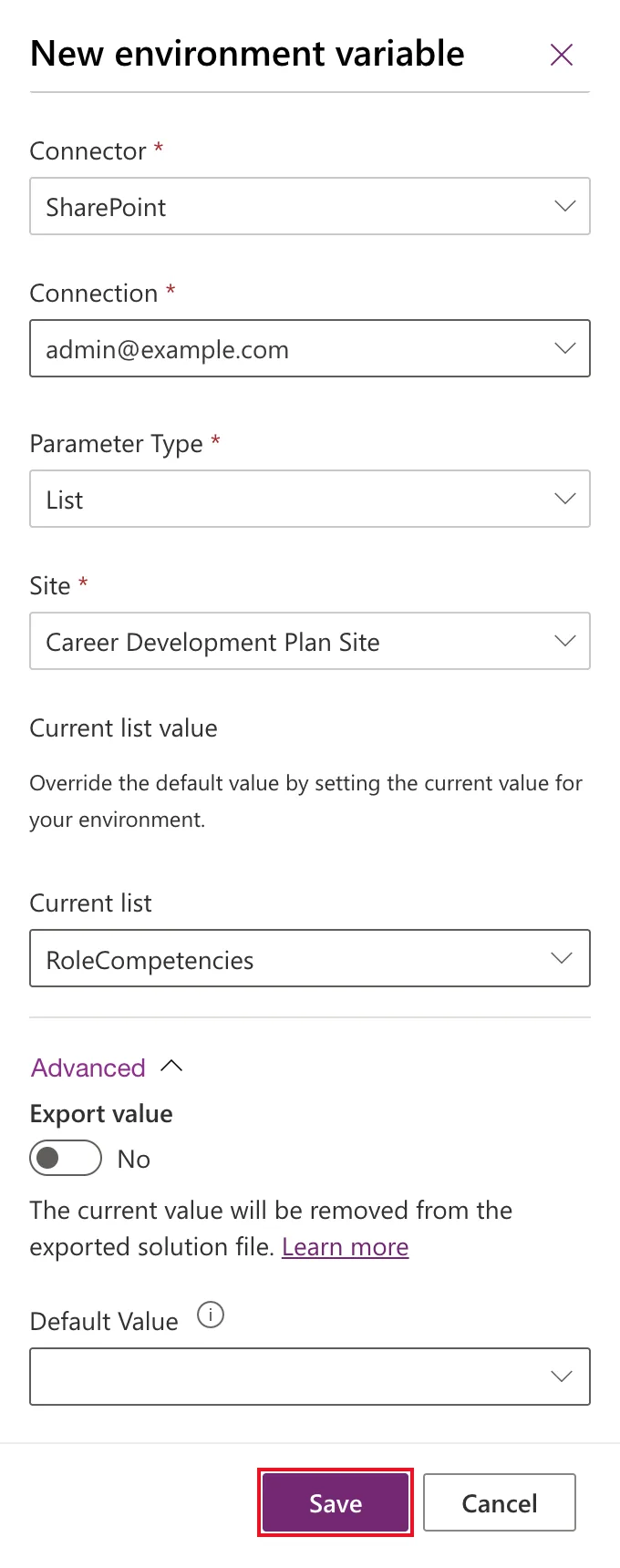 The bottom of the list variable's panel with Site Career Development Plan Site, Current list RoleCompetencies, Advanced showing Export value No and an empty Default Value, and Save outlined in red