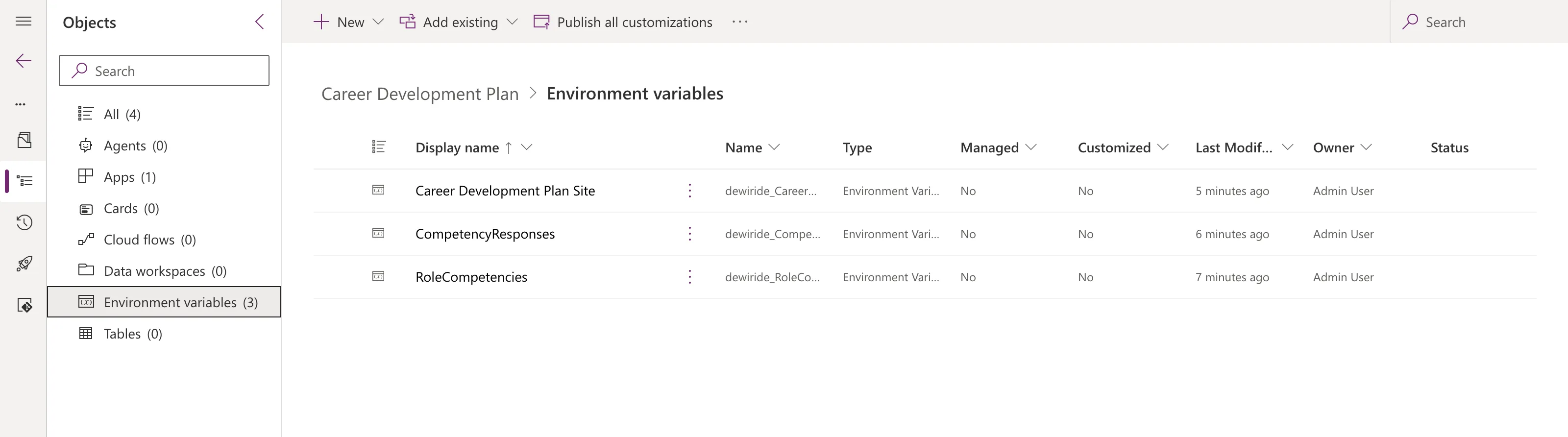 The solution's Environment variables view listing Career Development Plan Site, CompetencyResponses and RoleCompetencies, each of type Environment Variable, with Environment variables (3) selected in the Objects pane