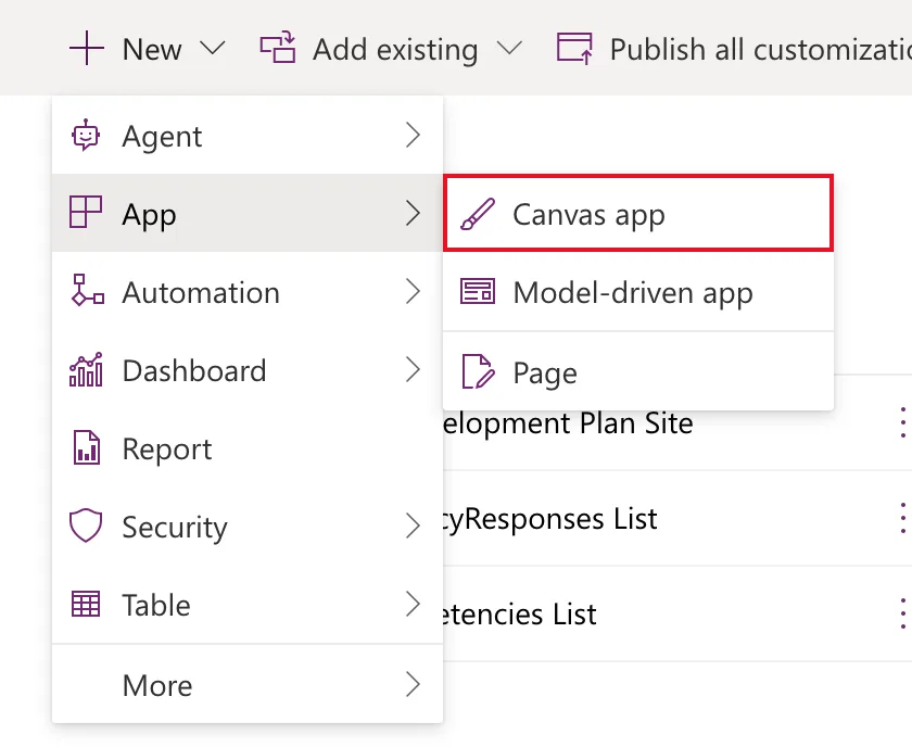 The solution's New menu open on App, with a submenu offering Canvas app, outlined in red, Model-driven app and Page