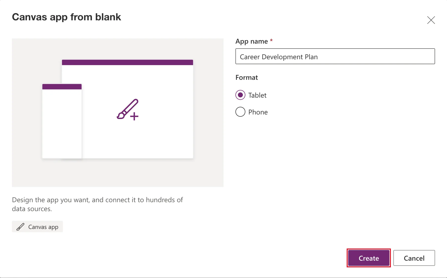 The Canvas app from blank dialog with App name Career Development Plan, Format set to Tablet rather than Phone, and Create outlined in red