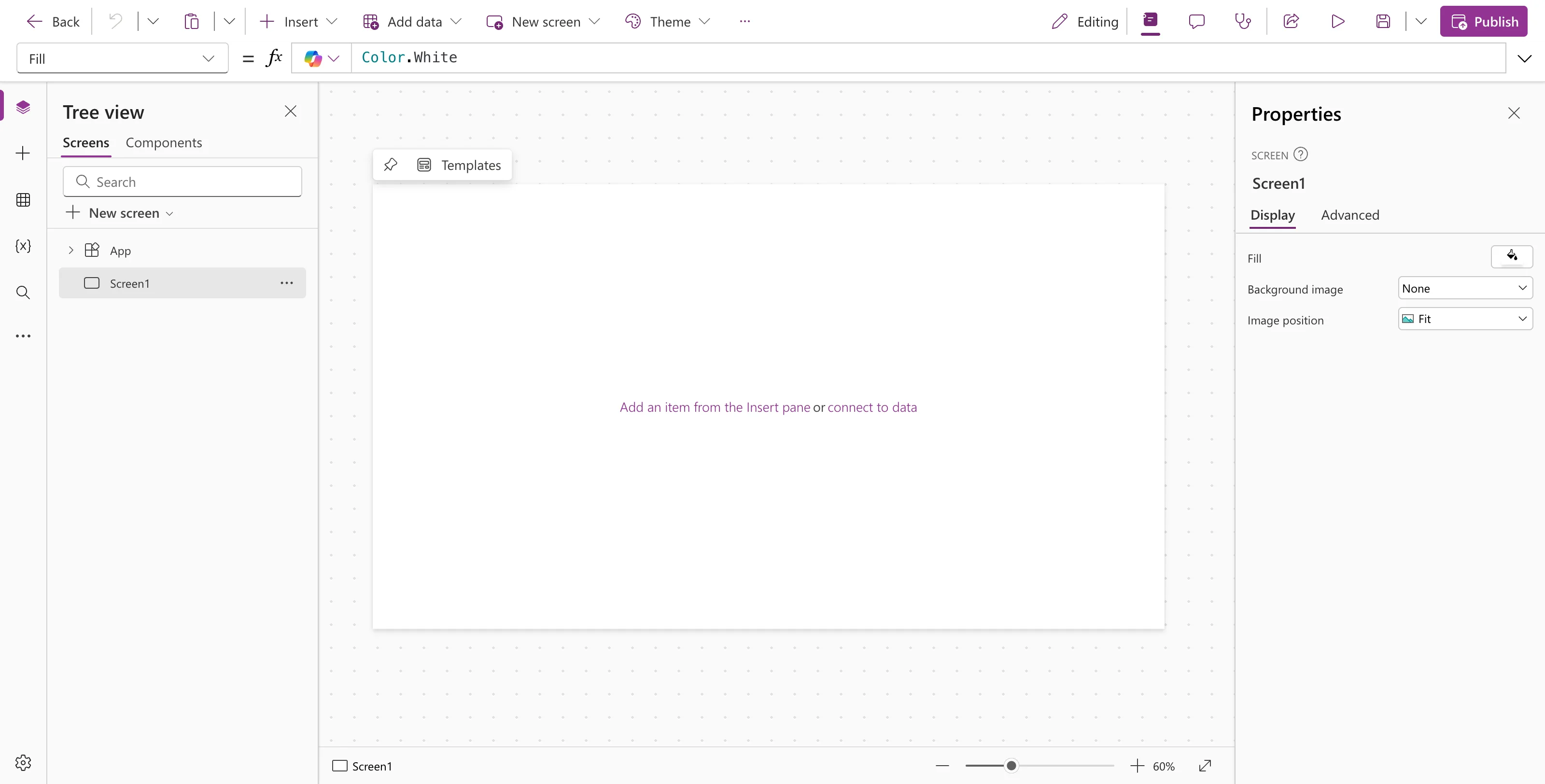 Power Apps Studio with a blank tablet screen: the command bar with Back, Insert, Add data, New screen, Theme, Save and Publish, the formula bar showing Fill set to Color.White, the Tree view with App and Screen1, the canvas, and the Properties pane for Screen1