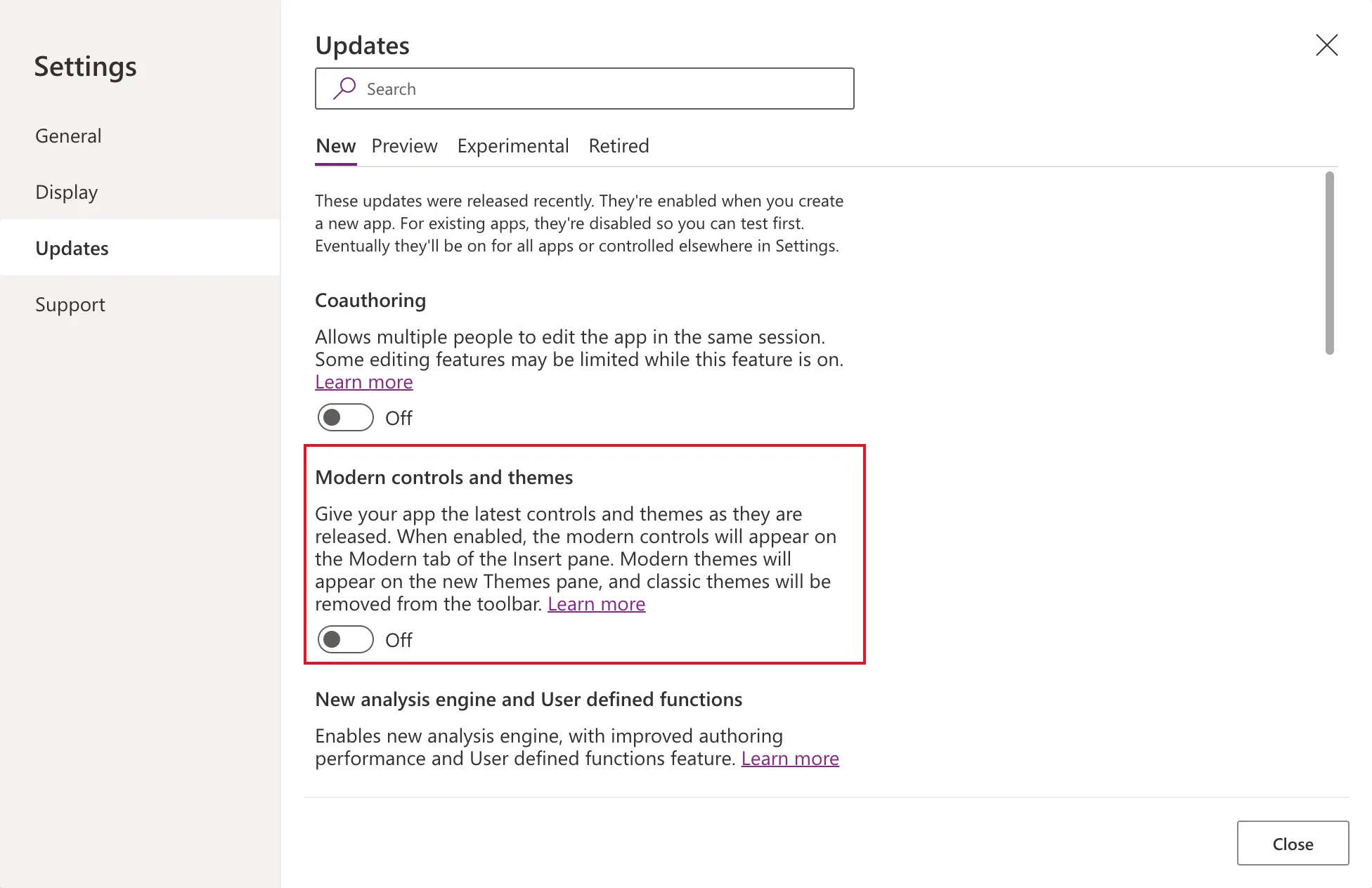 The Updates page of Settings on the New tab, with Coauthoring Off and the Modern controls and themes setting outlined in red, its description saying modern controls will appear on the Modern tab of the Insert pane and classic themes will be removed from the toolbar, and its switch Off