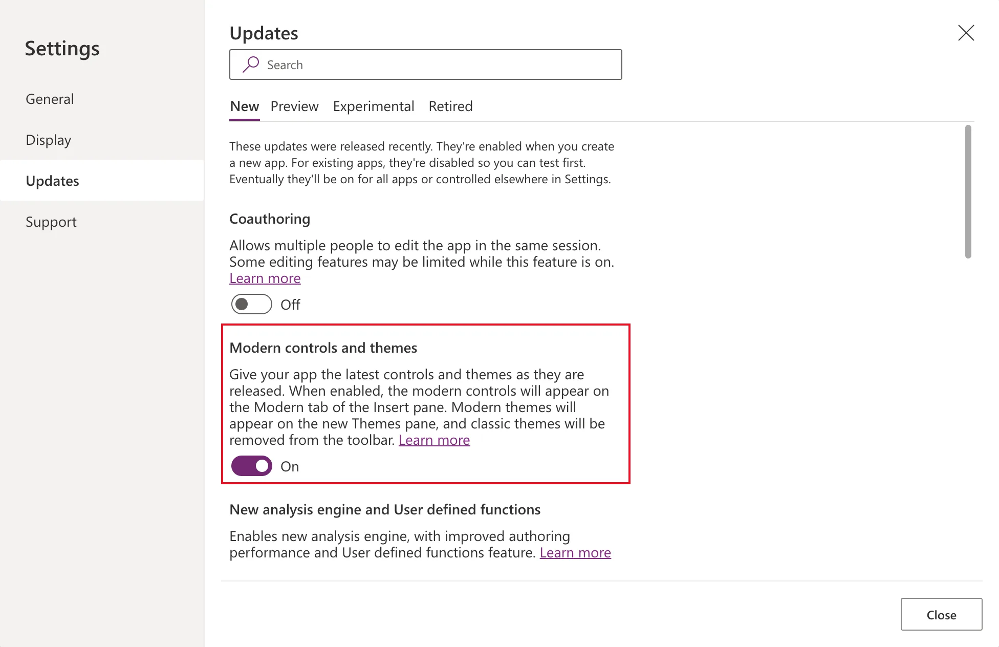 The Updates page of Settings on the New tab, with the Modern controls and themes switch On, outlined in red