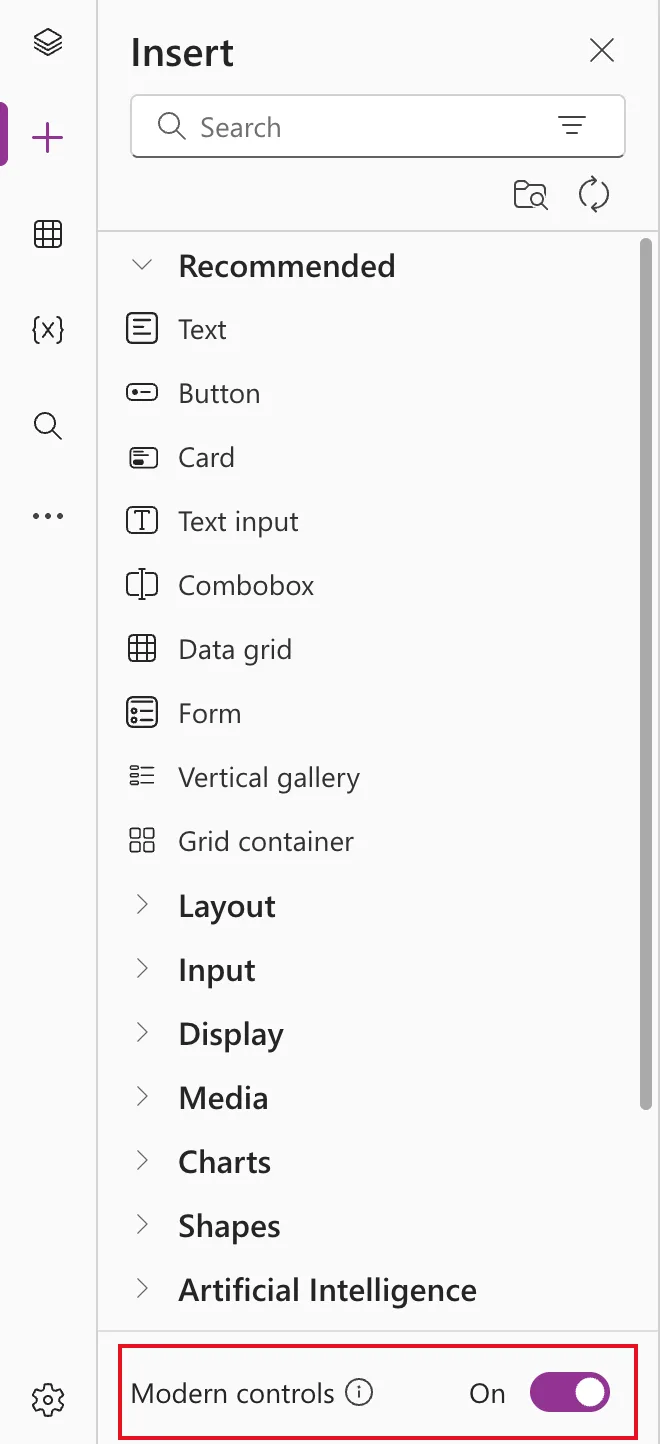 The Insert pane with the Recommended list of Text, Button, Card, Text input, Combobox, Data grid, Form, Vertical gallery and Grid container, the categories Layout to Artificial Intelligence, and the Modern controls On switch at the bottom outlined in red