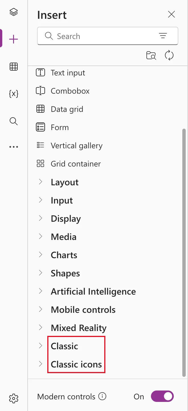 The Insert pane scrolled down to the categories Mobile controls, Mixed Reality, Classic and Classic icons, with Classic and Classic icons outlined in red