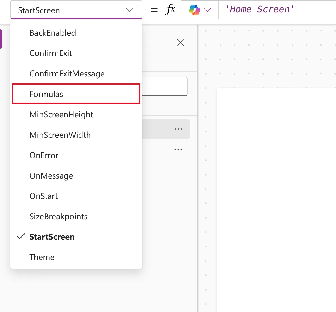 The property list of the App object open, listing BackEnabled, ConfirmExit, ConfirmExitMessage, Formulas, MinScreenHeight, MinScreenWidth, OnError, OnMessage, OnStart, SizeBreakpoints, StartScreen and Theme, with Formulas outlined in red