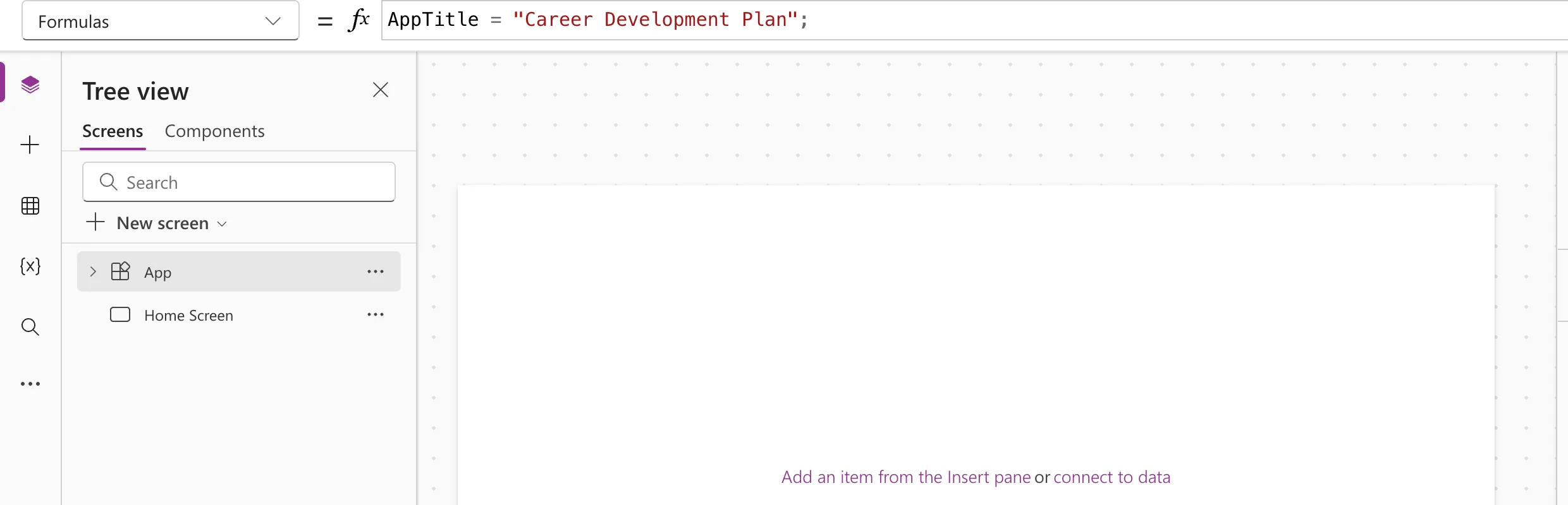 The formula bar with the Formulas property of App selected and the formula AppTitle = "Career Development Plan"; entered