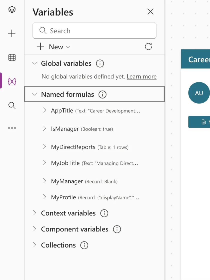 The Variables pane with Named formulas listing AppTitle (Text), IsManager (Boolean: true), MyDirectReports (Table: 1 rows), MyJobTitle (Text: Managing Director), MyManager (Record: Blank) and MyProfile (Record)