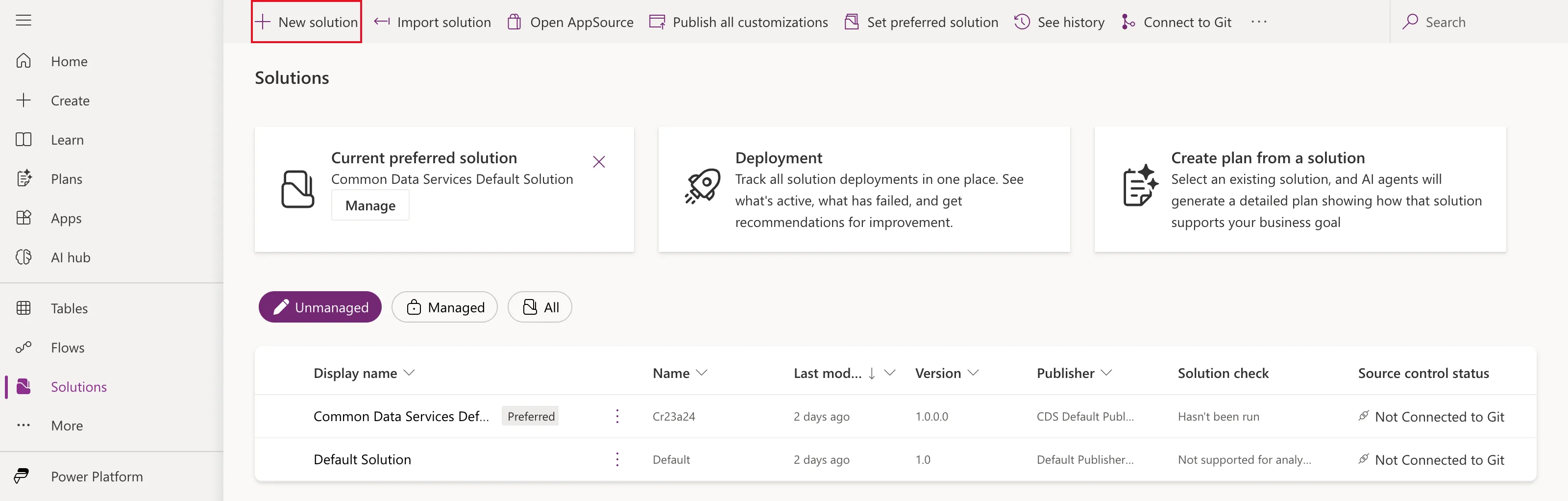 The Power Apps Solutions page with New solution outlined in red in the command bar, the Current preferred solution card showing Common Data Services Default Solution, and the list of unmanaged solutions with Common Data Services Default Solution and Default Solution