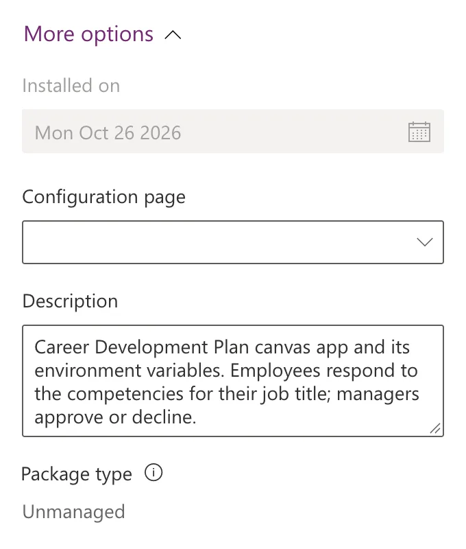 More options in the New solution panel showing Installed on with today's date, an empty Configuration page box, the Description filled in, and Package type Unmanaged