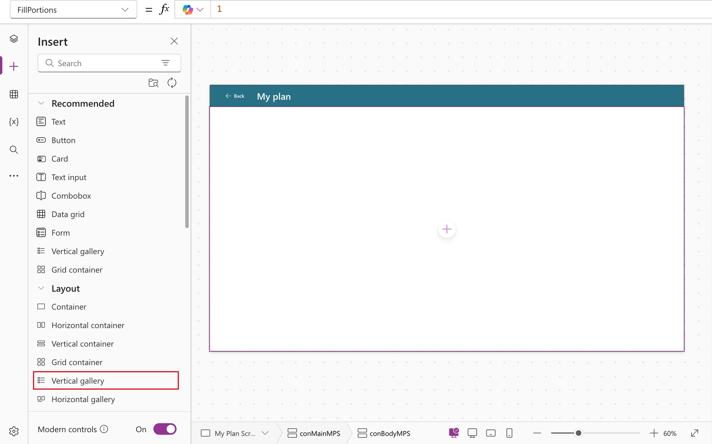 The Insert pane with the Layout category open, listing Container, Horizontal container, Vertical container, Grid container, Vertical gallery, Horizontal gallery and Flexible height gallery, with Vertical gallery outlined in red