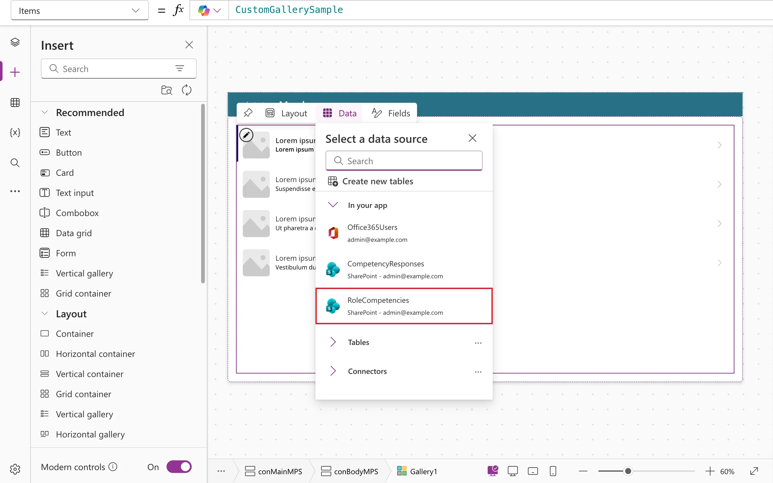 The Select a data source flyout next to the new gallery, listing Office365Users, CompetencyResponses and RoleCompetencies under In your app, with RoleCompetencies outlined