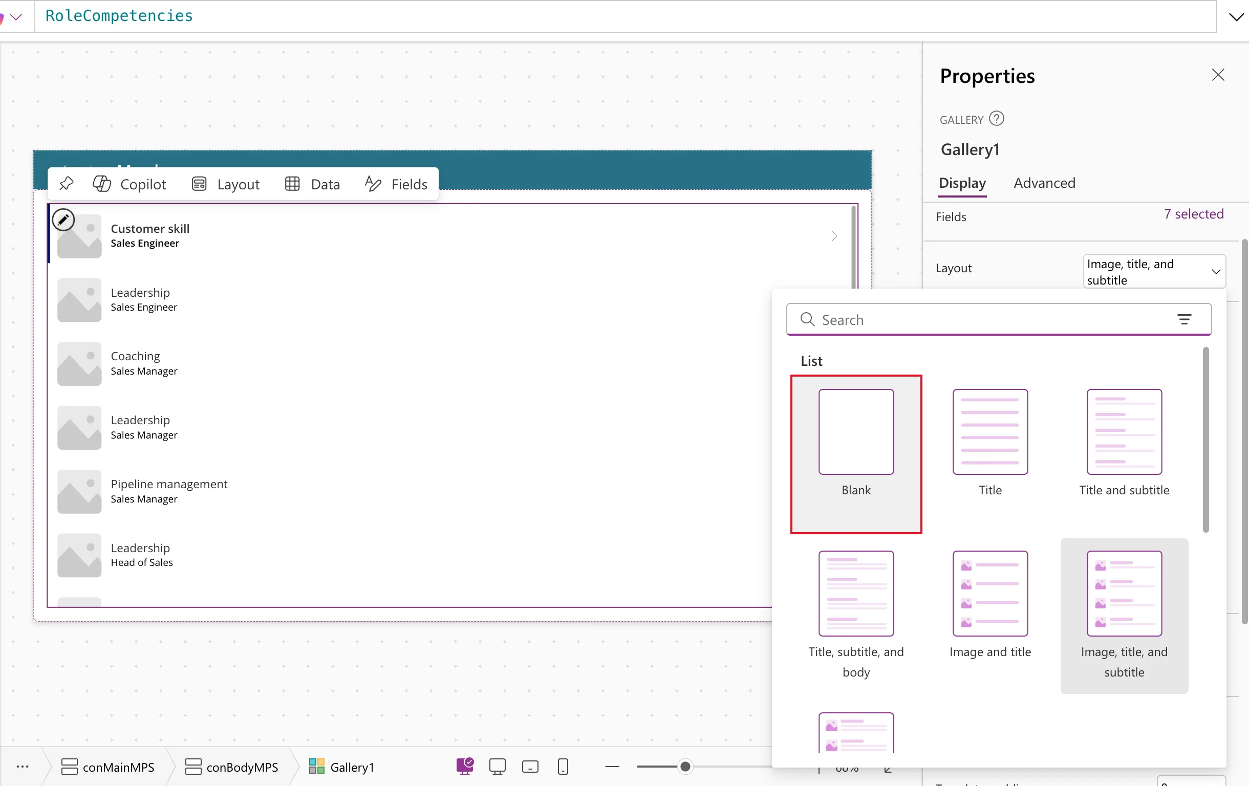 The Layout options of the gallery, with List layouts from Blank to Image, title, subtitle, and body, and Gallery layouts with 2 and 3 columns, with Blank outlined in red