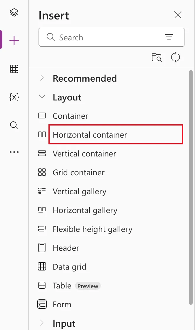 The Insert pane with the Layout category open and Horizontal container outlined in red, between Container and Vertical container