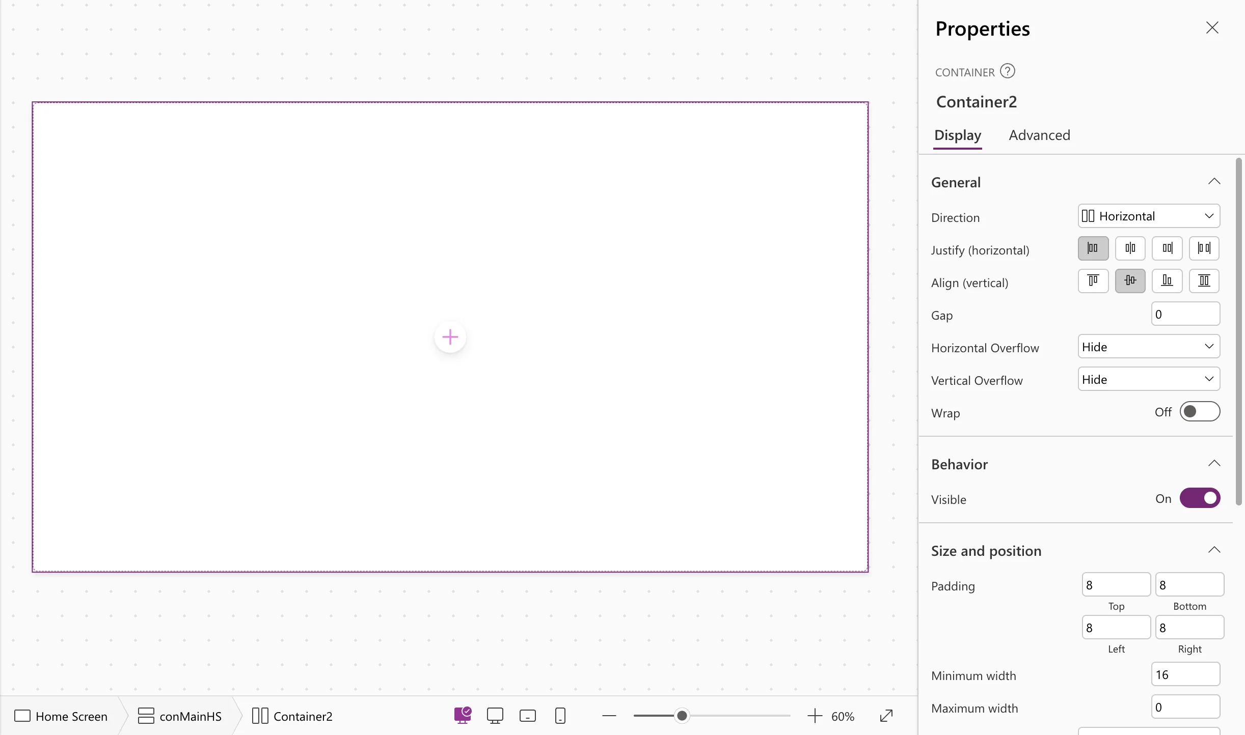 A new horizontal container filling the screen-level container, with the properties pane showing Direction Horizontal, Justify (horizontal), Align (vertical), Gap 0, Overflow Hide and Wrap Off, and the breadcrumb Home Screen, conMainHS, Container2 at the bottom