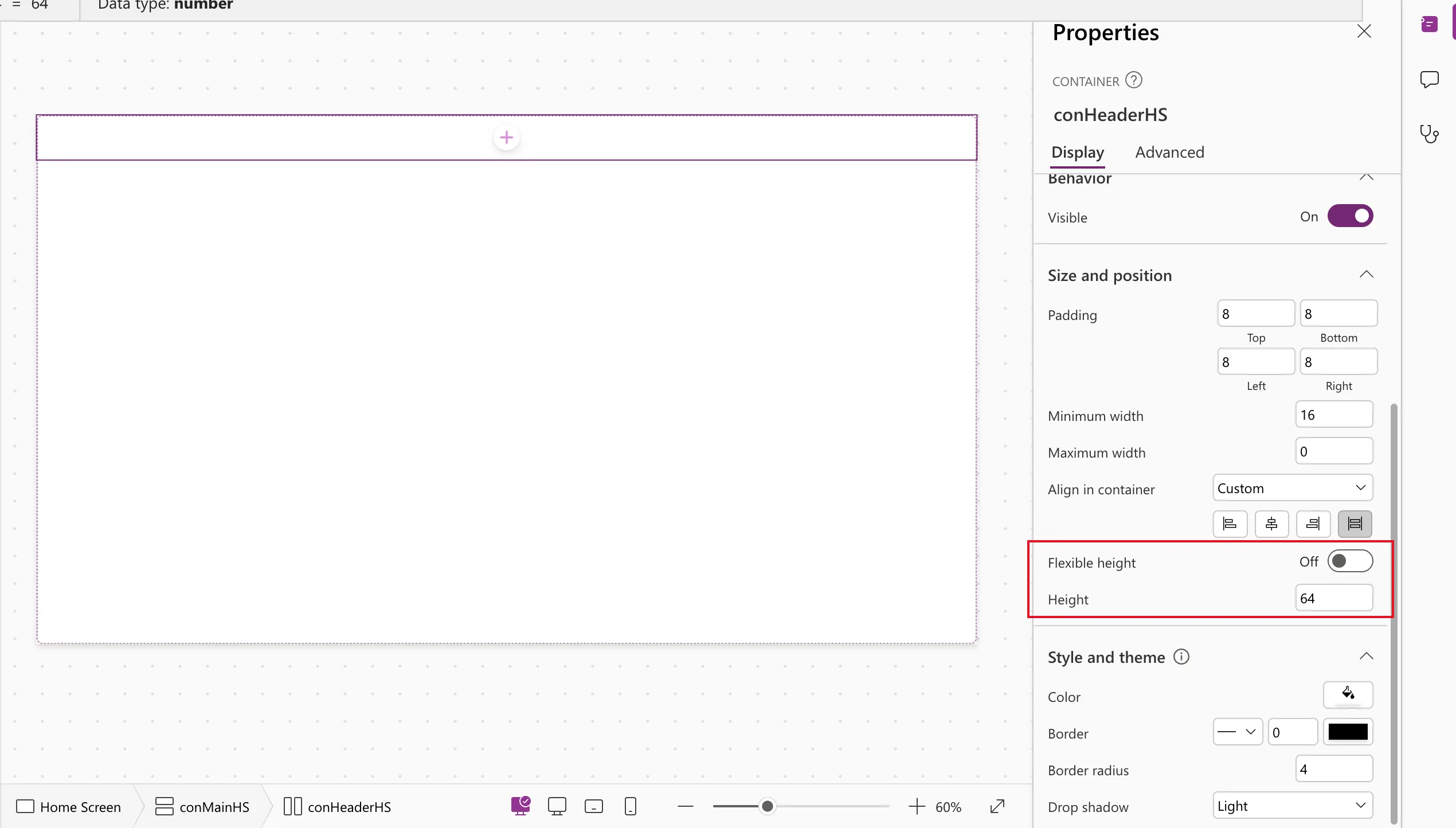 The header container now 64 pixels high at the top of the screen, with Flexible height Off and Height 64 outlined in red in the properties pane