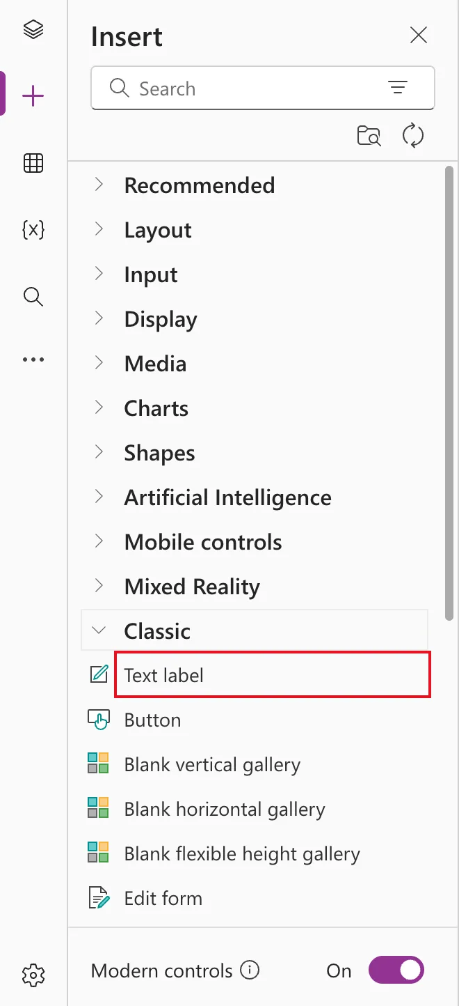 The Insert pane with the Classic category expanded, listing Text label, Button, Blank vertical gallery, Blank horizontal gallery, Blank flexible height gallery and Edit form, with Text label outlined in red