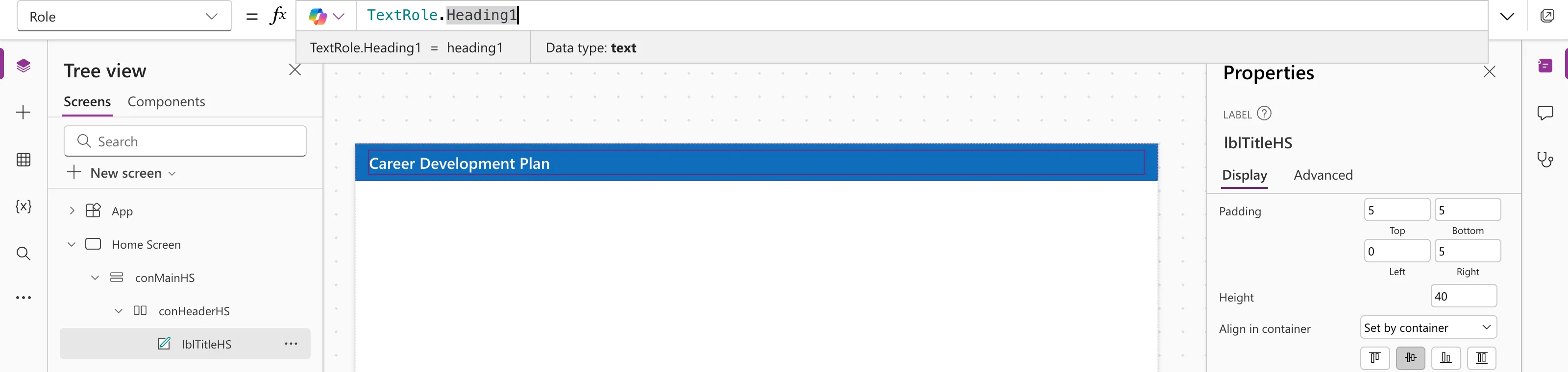 The formula bar with the Role property of lblTitleHS set to TextRole.Heading1, the preview strip reading TextRole.Heading1 = heading1 with Data type text, and the label Career Development Plan in the header