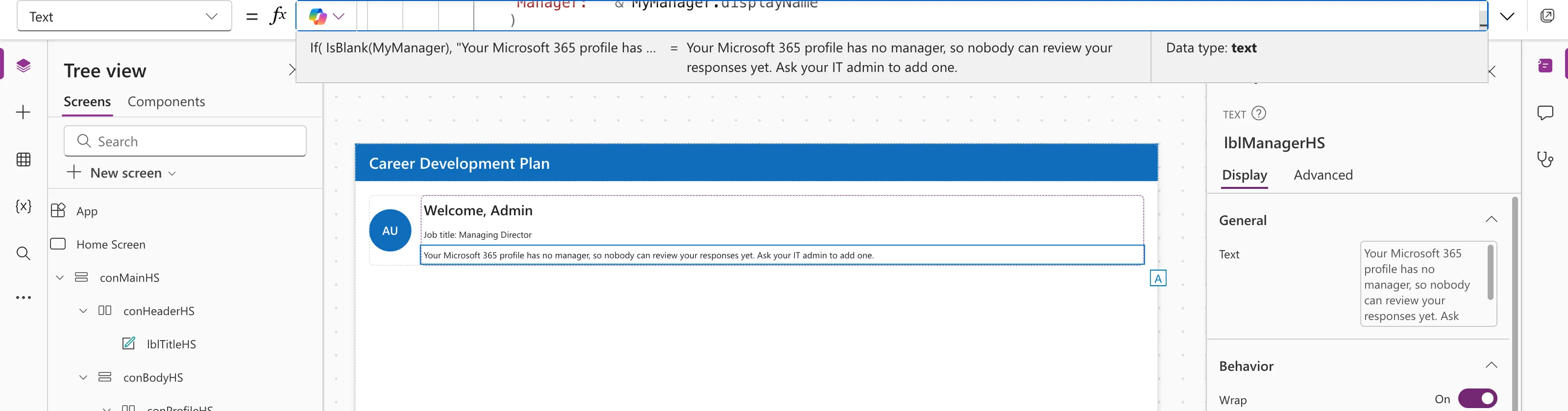 The formula bar with the If formula for the manager and the preview strip showing the no-manager message; on the canvas, Welcome, Admin in large semibold text, Job title: Managing Director, and the message, next to the AU avatar
