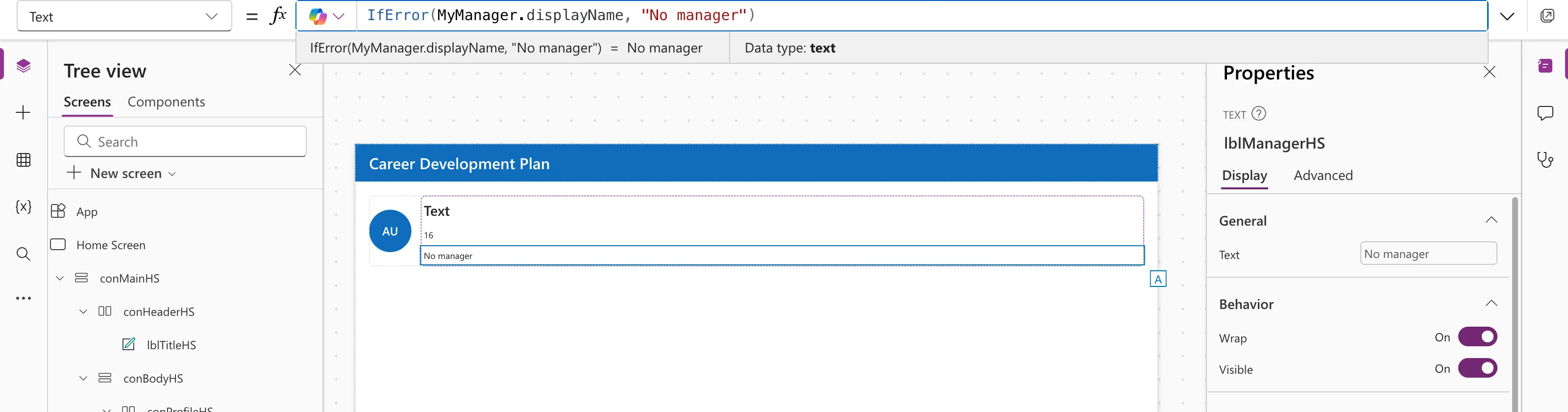 The formula bar with IfError(MyManager.displayName, "No manager"), the preview strip reading No manager with Data type text