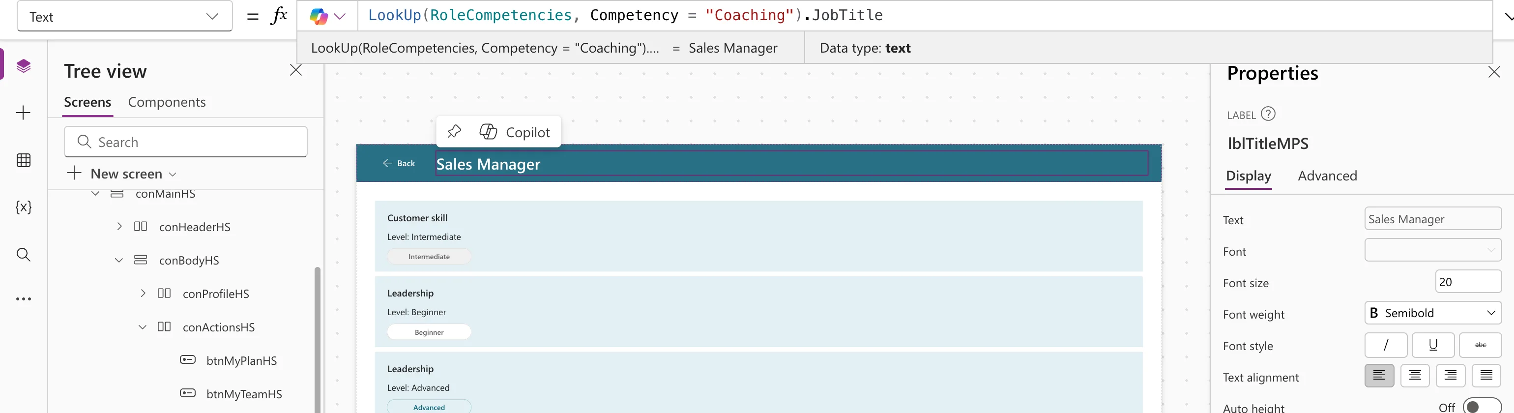 The formula bar with LookUp(RoleCompetencies, Competency = "Coaching").JobTitle, the preview strip reading Sales Manager with Data type text, and the header label on the canvas showing Sales Manager
