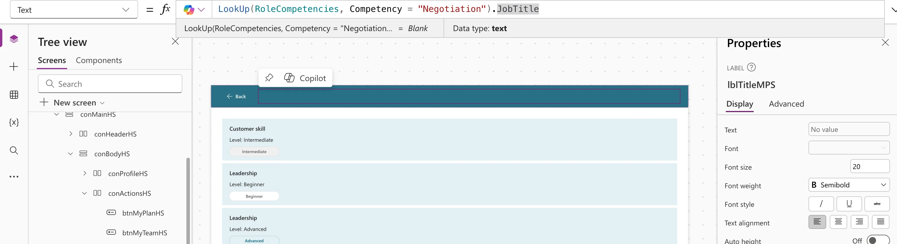 The formula bar with the LookUp for Negotiation and the preview strip reading Blank with Data type text, and an empty header label
